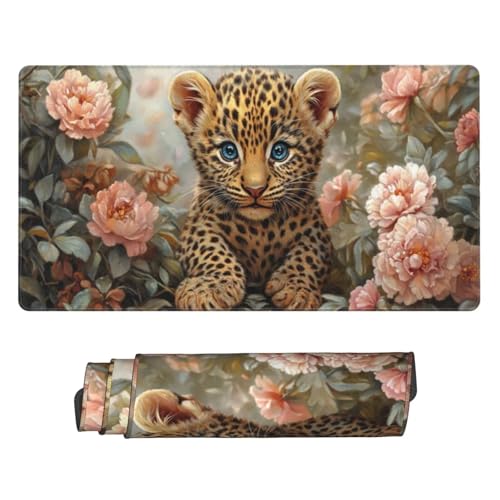 Groß Mauspad 80x40cm, Waterproof Gaming Mouse Pad Peony Flower Leopard Mousepad, Mouse Pad XXL, Non-Slip Rubber Base, Soft Smooth Surface Extended Keyboard Desk Mat for Office Decor, Geschenke B-797 von Guuogxan