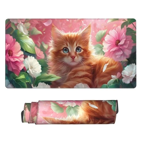 Mauspad Orange Cat Flower Mouse Pad, Desk Mat 700x300 mm Groß Mousepad, Gaming Mauspad with Anti-Slip Rubber Base, Waterproof&Durable Mousemat Extended XXL Mouse Pad for Office Desk Decor, Gifts z-570 von Guuogxan