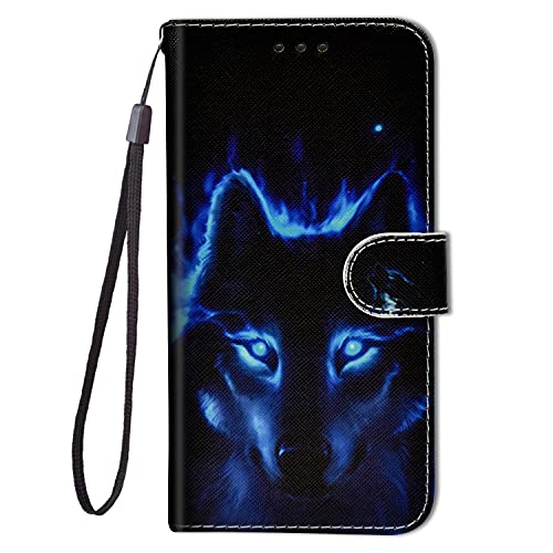 Guxira Handyhülle Leder für Samsung Galaxy A14 5G, Niedliches Muster Motiv Hülle Lederhülle Klappbar Schutzhülle 360 Grad Stoßfest Cover mit Kartenfachr Klapphülle Flip Case - Blauer Schwarzer Wolf von Guxira