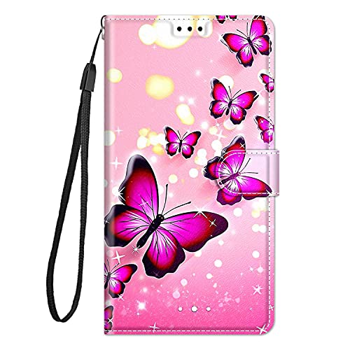 Guxira Leder Handyhülle für Samsung Galaxy A16 4G / 5G, Muster Motiv Hülle Lederhülle Klappbar Schutzhülle 360 Grad Stoßfest Cover mit Kartenfachr Klapphülle Flip Case - Rosa Schmetterling von Guxira