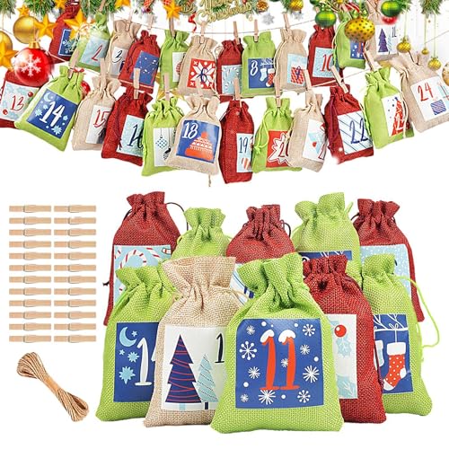 Gvblkq - Drawstring Bags, 2025 Burlap Christmas Bags, Christmas Drawstring Bags, 24X Christmas Countdown Candy Bags For Holidays, 10x14cm/3.94x5.51 inches von Gvblkq