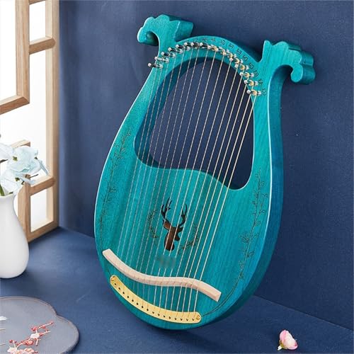 HAJHI Geweih Schoßharfe 16 Saiten Box-Typ Lyre Harfe Resonanzkammer, Tragbar Mahagoni Harfe Instrument Ersatzsaiten Stimmschlüssel Plektrum Hochzeit Bar(Blau) von HAJHI