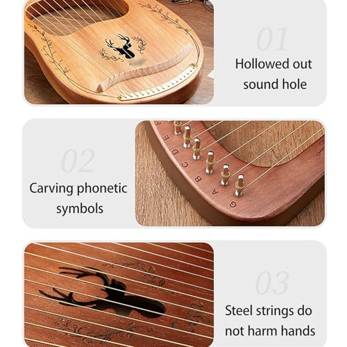 HAJHI Lyre Harfe Mahagoni mit Ersatzsaiten Stimmschlüssel, Box Typ/Schoßharfe Stahl Saiten Tragbar Taschen Reisen Auftritte Harfe Instrument Einsteiger(16-string-B-Coffee) von HAJHI