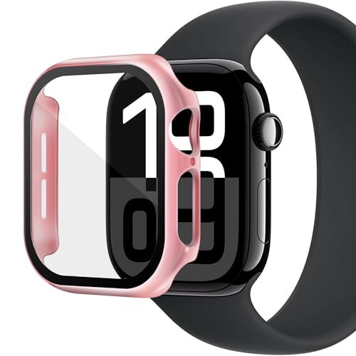 Schutzhülle kompatibel mit Apple Watch Serie 10, 46 mm, PC-Stoßstange mit Displayschutzfolie aus gehärtetem Glas, matt, einfarbig, harte Abdeckung, Rosa, 46 mm von HAJSLU