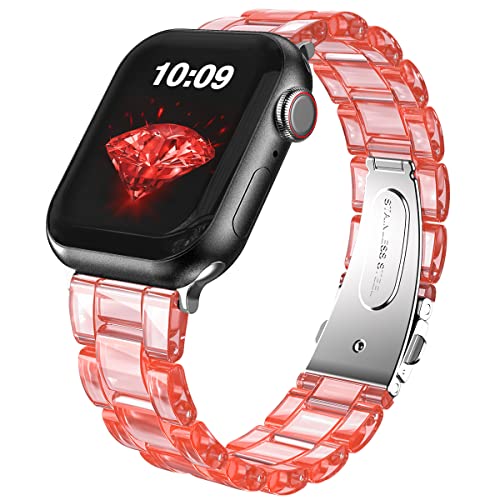 HALLEAST Clear Resin Armband für Apple Watch 38mm 40mm 41mm 42mm 44mm 45mm 49mm,Damen Stylish Harz Link Armband Shining Bracelet Kompatibel mit Apple Watch Ultra SE Serie 8 7 6 5 4 3 2 1,Rot von HALLEAST