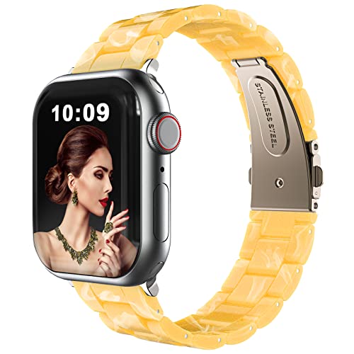 HALLEAST Damen Resin Armband Kompatibel mit Apple Watch Armband Serie 9 8 7 6 5 4 3 2 1 Ultra SE, Dressy Bracelet Glänzend Harz band für iWatch 49mm 45mm 44mm 42mm 41mm 40mm 38mm,Gelb von HALLEAST