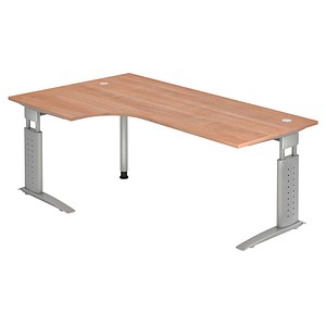 HAMMERBACHER Haziender höhenverstellbarer Schreibtisch nussbaum L-Form, C-Fuß-Gestell silber 200,0 x 80,0/120,0 cm von HAMMERBACHER