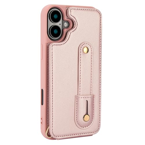 HAO RIYLN Lederhülle für iPhone 16 Pro Max/16 Pro/16 Plus/16, Brieftaschen-Abdeckung, Handschlaufe, Ständer, stoßfeste Schutzhülle mit Umhängeband, Rosa, 16 Pro Max von HAO RIYLN