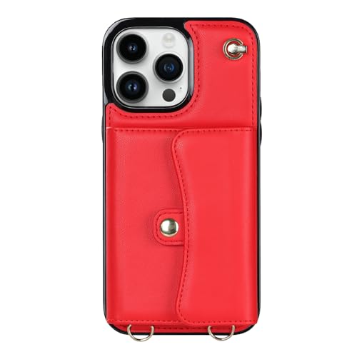 HAO RIYLN Schutzhülle für iPhone 16 Pro Max/16 Pro/16 Plus/16, RFID-blockierende Brieftaschen-Handyhülle mit Kartenhalter, Handschlaufe, kratzfeste Lederhülle, Rot, 16 von HAO RIYLN