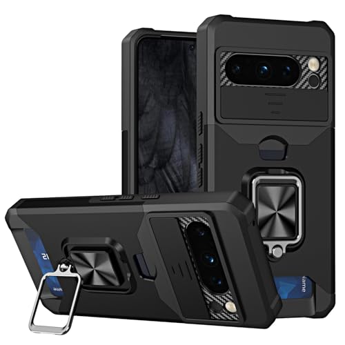 HAO RIYLN Stoßfeste Schutzhülle für Google Pixel 9/Pixel 9 Pro/Pixel 9 Pro XL, Brieftaschen-Schutzhülle mit Kartenschlitz, Schiebeobjektivschutz, magnetischer Ständer, Anti-Drop-Handyhülle, Schwarz, 9 von HAO RIYLN