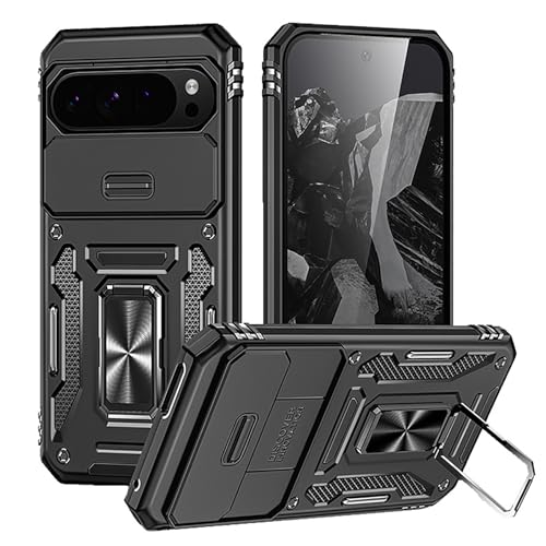 HAO RIYLN Stoßfeste Schutzhülle für Google Pixel 9 Pro/9 Pro XL/9, mit Schiebe-Kamera-Objektivabdeckung, militärischer Schutz, magnetischer Ringständer, Schwarz, 9 Pro 16,3 cm (6,3 Zoll) von HAO RIYLN