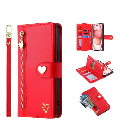 HAOFUGUI Handyhülle für Motorola Edge 5G 2024, Liebesherz Magnetische Case Cover, mit Kartenfäche/Handschlaufe/Standfunktion Lederhülle, Slim PU Leder Wallet Case-Rot von HAOFUGUI