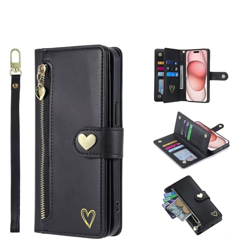 HAOFUGUI Handyhülle für Motorola Moto E20, Liebesherz Magnetische Case Cover, mit Kartenfäche/Handschlaufe/Standfunktion Lederhülle, Slim PU Leder Wallet Case-Schwarz von HAOFUGUI