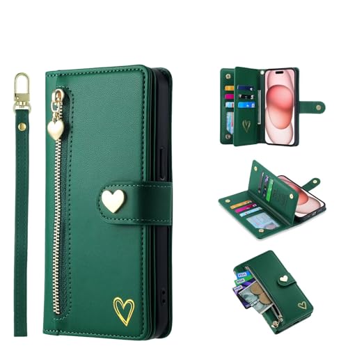 HAOFUGUI Handyhülle für vivo Y11, Liebesherz Magnetische Case Cover, mit Kartenfäche/Handschlaufe/Standfunktion Lederhülle, Slim PU Leder Wallet Case-Grün von HAOFUGUI