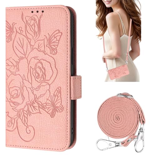 HAOFUGUI Hülle für Reno7 Z 5G/Reno 7 Lite, mit [3 Kartenfächer] [Lanyard][Kickstand] [RFID-Blocker] Handyhülle, Blumen Muster Design Schutzhülle, PU Leder Wallet Flip Case-Rosa von HAOFUGUI