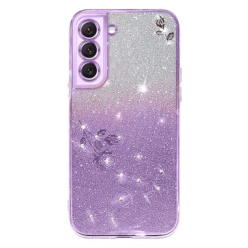 HAOFUGUI Transparent Blumen Glitzer Hülle für Realme V50S, Bling Glitter Handyhülle Ultradünn Stoßfest, Glitzernde Schutzhülle für Frauen Mädchen Clear Blumen Case-Lila von HAOFUGUI