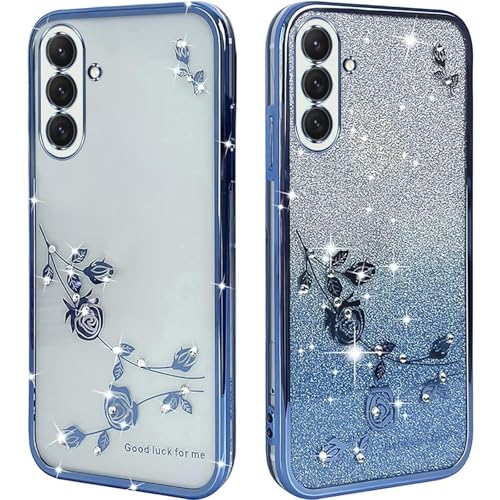 HAOFUGUI Transparent Blumen Hülle für Xiaomi Mi 9, Glitzer Handyhülle Ultradünn Stoßfest, Glitzernde Schutzhülle für Frauen Mädchen Clear Blumen Case-Blau von HAOFUGUI