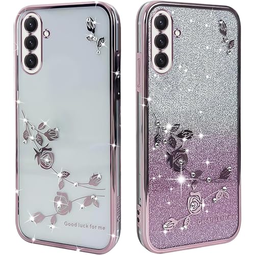 HAOFUGUI Transparent Blumen Hülle für Xiaomi Redmi 12C / 11A / Poco C55, Glitzer Handyhülle Ultradünn Stoßfest, Glitzernde Schutzhülle für Frauen Mädchen Clear Blumen Case-Rosa von HAOFUGUI