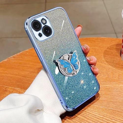 HAOFUGUI Transparent Handyhülle für iPhone 16, Ultra Dünn Stoßfest case, mit Schmetterling Ständer, Frauen Mädchen Glitzernde Schutzhülle, für iPhone 16-Blau von HAOFUGUI