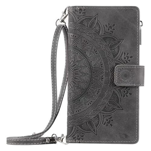 HAOFUGUI Wallet Case Handyhülle für Redmi Note 12 5G / Xiaomi Poco X5 5G, mit 8 Kartenfächern/Ständer/Lanyard Ultra Slim Hülle, Premium PU Leder Flip Case, Prägung Blumen Klapphülle-Grau von HAOFUGUI