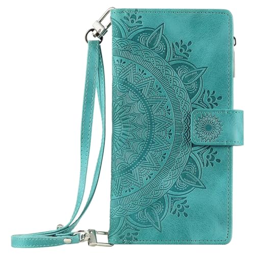 HAOFUGUI Wallet Case Handyhülle für Samsung Galaxy S23 FE 5G, mit 8 Kartenfächern/Ständer/Lanyard Ultra Slim Hülle, Premium PU Leder Flip Case, Prägung Blumen Klapphülle-Grün von HAOFUGUI