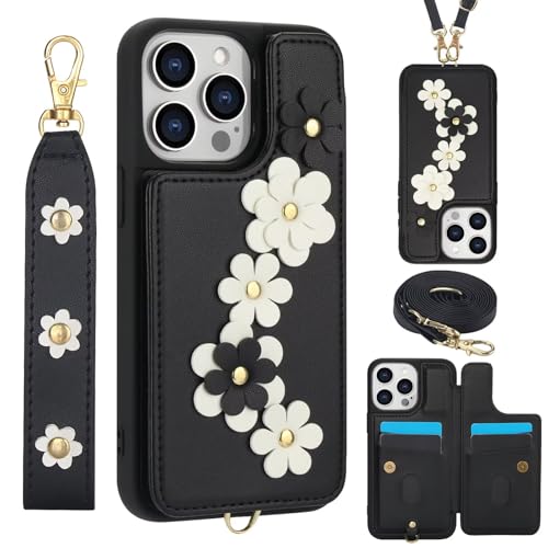 HAONANDE Brieftaschen Blumen Handytasche für iPhone 11 Pro mit Band, Leder Flip Folio Magnetische Schutzhülle Damen Klapphülle mit Kartenfächer Ständer Handschlaufe Schwarz von HAONANDE