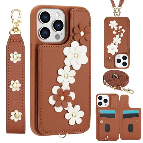 HAONANDE Brieftaschen Blumen Handytasche für iPhone 14 Plus/iPhone 15 Plus mit Band, Leder Flip Folio Magnetische Schutzhülle Damen Klapphülle mit Kartenfächer Ständer Handschlaufe Braun von HAONANDE