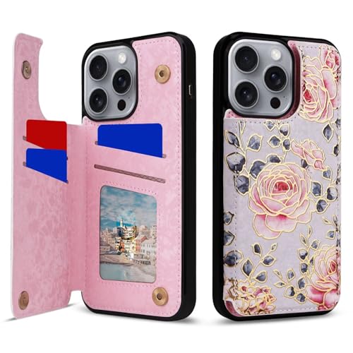 HAONANDE Brieftaschen Blumen Handytasche für iPhone 15 Pro 6.1, Leder Flip Folio Magnetische Schutzhülle Frauen Klapphülle mit Kartenfächer, Ständer, RFID blockierend Rosenblüte1 von HAONANDE