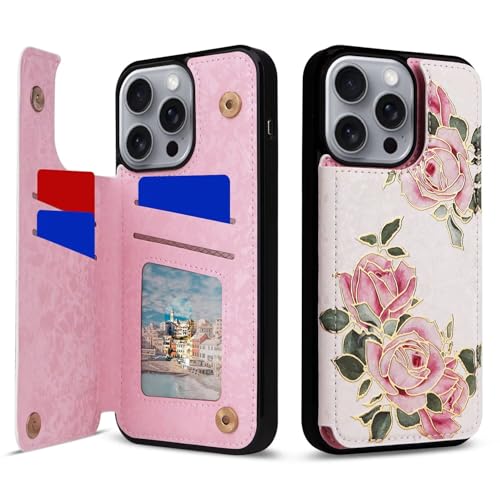 HAONANDE Brieftaschen Blumen Handytasche für iPhone 15 Pro 6.1, Leder Flip Folio Magnetische Schutzhülle Frauen Klapphülle mit Kartenfächer, Ständer, RFID blockierend Rosenblüte2 von HAONANDE