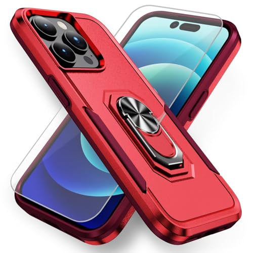 HAONANDE Handyhülle für Samsung Galaxy A05S mit 360° Ring Halter, Militär Stoßfest Schutzhülle mit Magnetischer Ständer,1 Panzerglas schutzfolie,Harte PC Armor Case Cover Rot+Rosa von HAONANDE