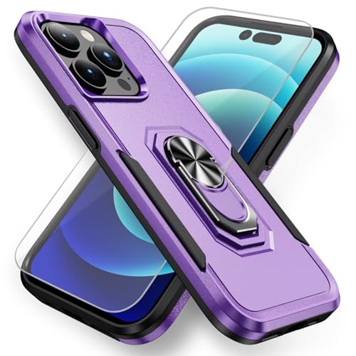 HAONANDE Handyhülle für iPhone 11 6.1 mit 360° Ring Halter, Militär Stoßfest Schutzhülle mit Magnetischer Ständer,1 Panzerglas schutzfolie,Harte PC Armor Case Cover Violett+Schwarz von HAONANDE