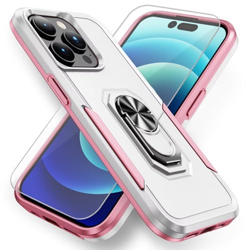 HAONANDE Handyhülle für iPhone 11 Pro 5.8 mit 360° Ring Halter, Militär Stoßfest Schutzhülle mit Magnetischer Ständer,1 Panzerglas schutzfolie,Harte PC Armor Case Cover Weiß+Pink von HAONANDE