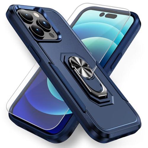 HAONANDE Handyhülle für iPhone 12 Pro Max 6.7 mit 360° Ring Halter, Militär Stoßfest Schutzhülle mit Magnetischer Ständer,1 Panzerglas schutzfolie,Harte PC Armor Case Cover Blau von HAONANDE