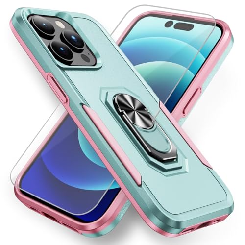 HAONANDE Handyhülle für iPhone 13 Pro 6.1 mit 360° Ring Halter, Militär Stoßfest Schutzhülle mit Magnetischer Ständer,1 Panzerglas schutzfolie,Harte PC Armor Case Cover Aqua+Pink von HAONANDE