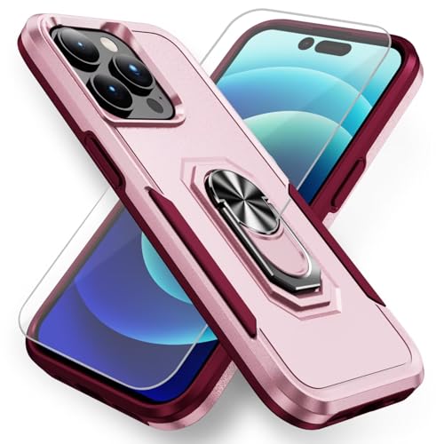 HAONANDE Handyhülle für iPhone 6/iPhone 7/iPhone 8/iPhone SE 2020 mit 360° Ring Halter, Magnetischer Ständer,1 Panzerglas schutzfolie, Militär Stoßfest Schutzhülle Harte PC Armor Case Cover Pink+Rosa von HAONANDE