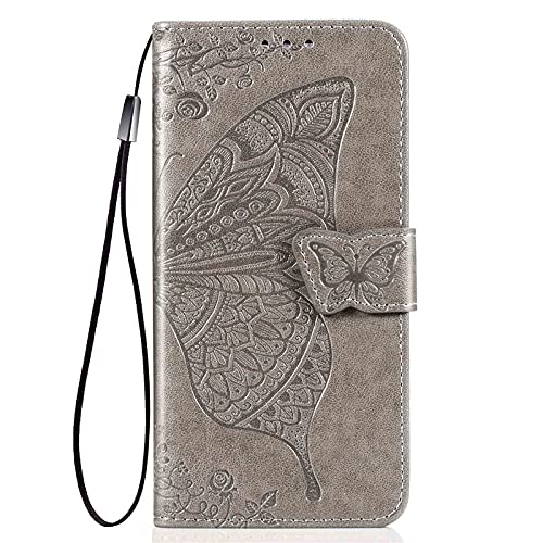 HAOYE Hülle für Xiaomi Mi 12T / 12T Pro 5G, Schmetterling PU/TPU Leder Magnetische Flip Handyhülle mit Kartensteckplätzen/Standfunktion, Anti-Rutsch Schutzhülle. Grau von HAOYE