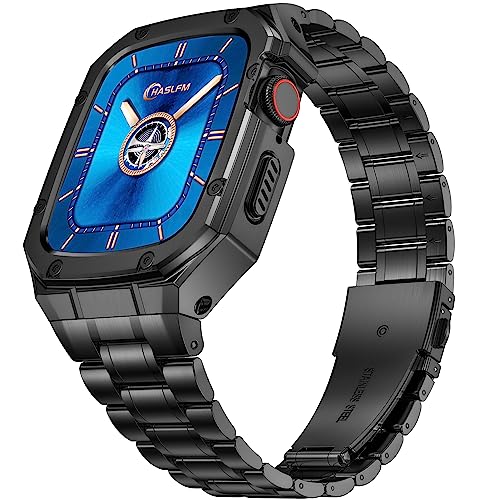 HASLFM Kompatibel mit Apple Watch 45mm Armband mit Gehäuse, Robustes Ersatzband und Edelstahl Metall Armband für Apple Watch Series 9 8 7 für Männer, Schwarz von HASLFM