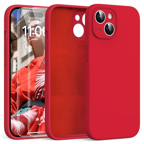 HATOSHI 3-in-1 für iPhone 15 Hülle mit 2 Stück Schutzglas, Silikon Anti-Rutsch Kratzfestes Stoßfest Handyhülle für iPhone 15 Schutzhüll, Rot von HATOSHI