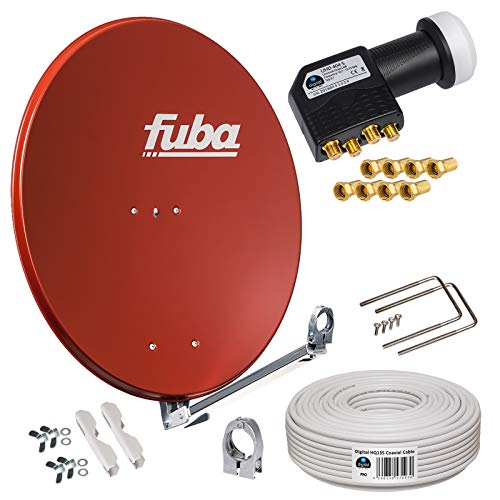 Fuba 80cm Satellitenantenne DAL 800R rot Aluminium Reflektor Klapparm + HB-DIGITAL Quad LNB 4 Teilnehmer UHD schwarz + 30m Koaxial SAT-Kabel HQ-135 Pro 4-Fach geschirmt + vergoldete F-Stecker von HB-DIGITAL