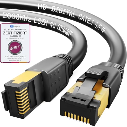 HB-DIGITAL 1,5m CAT 8 LAN Kabel Netzwerkkabel Patchkabel AWG 24 S/FTP LSZH 40Gbps 2000MHz - GHMT Zertifiziert - reines Kupfer mit vergoldete RJ45 Stecker für Switch, Router, Modem, PC - Schwarz von HB-DIGITAL