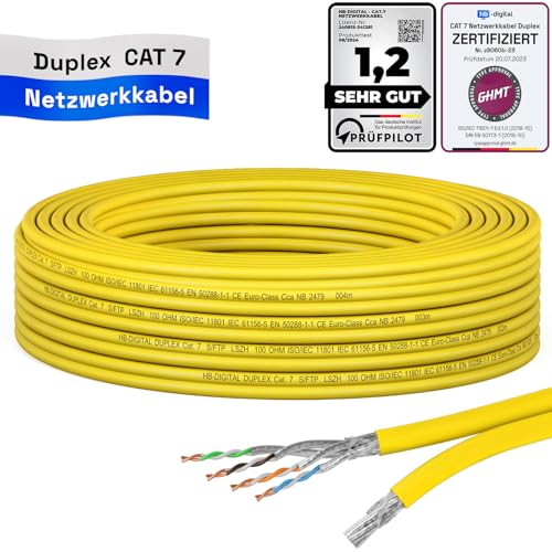 HB-DIGITAL 10m CAT 7 Netzwerkkabel LAN Kabel Verlegekabel Ethernet Installationskabel 10 Gbit/s AWG23 S/FTP - GHMT Zertifiziert - reines Kupfer LSZH BauPVO Klasse Cca Datenkabel Duplex - Gelb von HB-DIGITAL