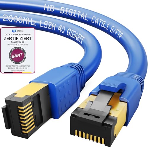 HB-DIGITAL 1m CAT 8 LAN Kabel Netzwerkkabel Patchkabel AWG 24 S/FTP LSZH 40Gbps 2000MHz - GHMT Zertifiziert - reines Kupfer mit vergoldete RJ45 Stecker für Switch, Router, Modem, PC - Blau von HB-DIGITAL