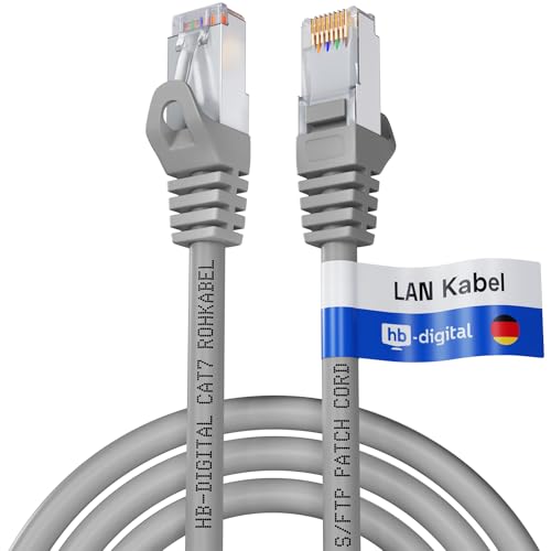 HB-DIGITAL 2m LAN Kabel CAT 7 Rohkabel RJ45 S/FTP Netzwerkkabel Ethernet Patchkabel bis zu 10 Gbps 600 MHz Kupfer Profi PiMF Kupfer für Patchpanel Switch Router Modem - Grau von HB-DIGITAL