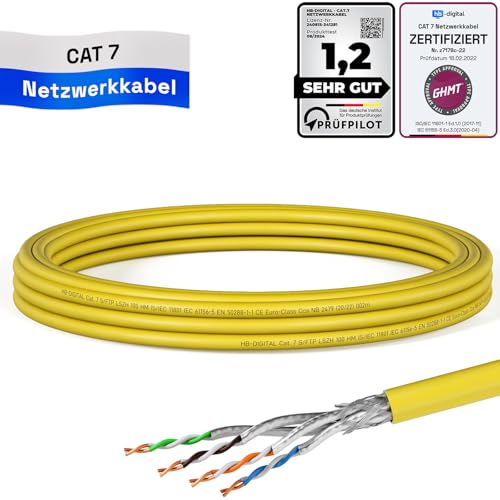 hb-digital 5m CAT 7 Netzwerkkabel LAN Kabel Verlegekabel Ethernet Installationskabel 10 Gbit/s AWG23 S/FTP - GHMT Zertifiziert - reines Kupfer LSZH BauPVO Klasse Cca Datenkabel Simplex - Gelb von HB-DIGITAL