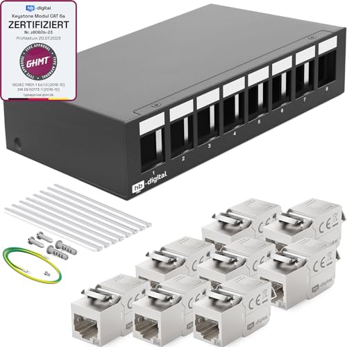 HB-DIGITAL 8-Port Patchpanel Patchfeld Verteilerfeld 1 HE 8x CAT 6a RJ45 Keystone Jack Modul - GHMT Zertifiziert - vollgeschirmt STP 10 Gbps Kompatibel mit Verlegekabel Netzwerkkabel LAN - Schwarz HB-DIGITAL 8-Port Patchpanel Patchfeld Verteilerfeld 1 HE 8x CAT 6a RJ45 Keystone Jack Modul - GHMT Zertifiziert - vollgeschirmt STP 10 Gbps Kompatibel mit Verlegekabel Netzwerkkabel LAN - Schwarz von HB-DIGITAL