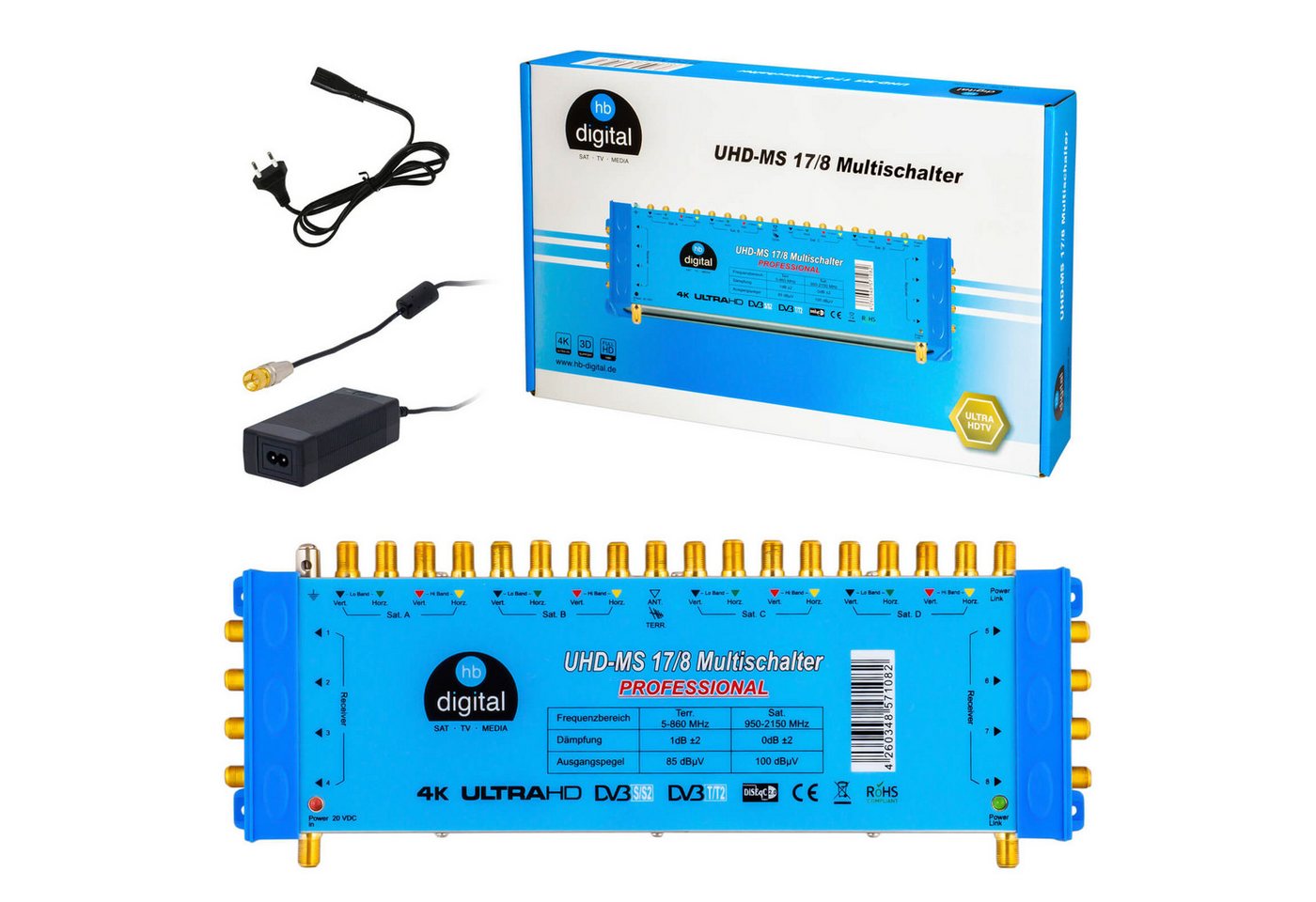 HB-DIGITAL SAT-Multischalter Multischalter SAT UHD-MS 17/8 bis zu 8 Teilnehmer Multiswitch, Entwickelt für 4 x UNIVERSAL-QUATTRO-LNBFs von HB-DIGITAL