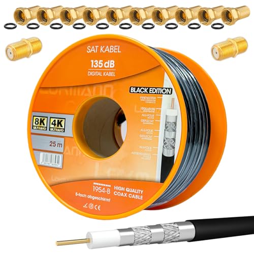 HB-DIGITAL SET 25m Koaxial SAT Kabel 135db Schwarz + 10x F-Stecker & 2x F-Verbinder vergoldet | CCS Stahl-Kupfer Satellit Antennenkabel 5-Fach geschirmt für DVB-S/S2 -C/C2 -T/T2 DAB+Radio BK Anlagen von HB-DIGITAL