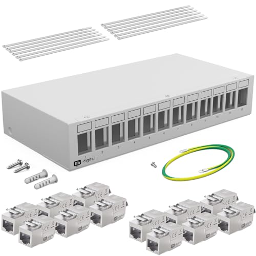 HB-DIGITAL SET: 12-Port Patchpanel Gehäuse für Keystone Module + 12x Cat.6a Keystone GHMT zertifiziertes RJ45 Buchse Jack für Netzwerkinstallation kompatibel mit Verlegekabel LAN Ethernet HELLGRAU von HB-DIGITAL