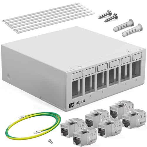 HB-DIGITAL SET: 6-Port Patchpanel Gehäuse für Keystone Module + 6x Cat.8 Keystone RJ45 Buchse Jack für Netzwerkinstallation kompatibel mit Verlegekabel LAN Ethernet | HELLGRAU von HB-DIGITAL