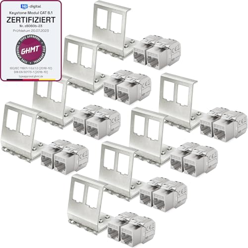 hb-digital Set: 16x CAT.8 Keystone RJ45 Modul + 8X Hutschienenadapter Metall Keystone-Halterung für Hutschiene 35mm Standard | RJ45-Jack geschirmt Edelstahl LSA Montage Ethernet LAN Netzwerk Switch von HB-DIGITAL